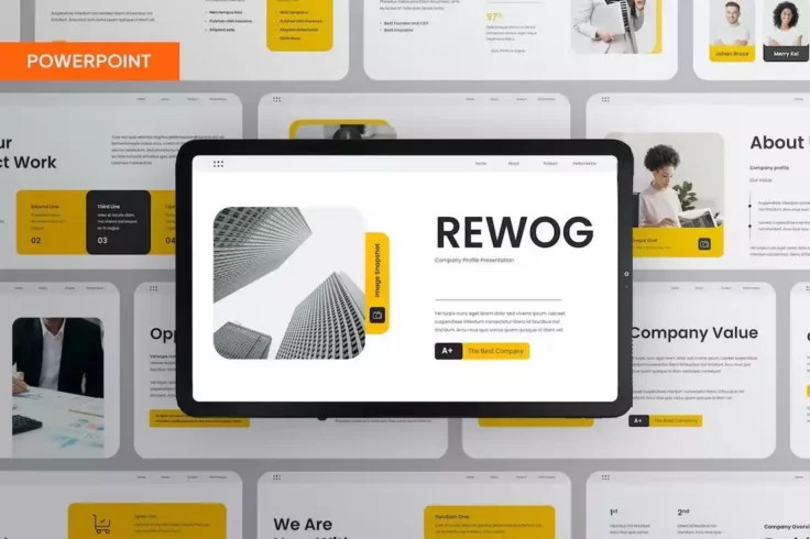 View Information about Black Yellow Company Profile PowerPoint Template